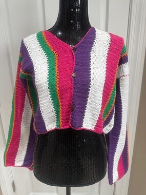 Striped Crochet Crop Sweater Cardigan - Pink Purple White